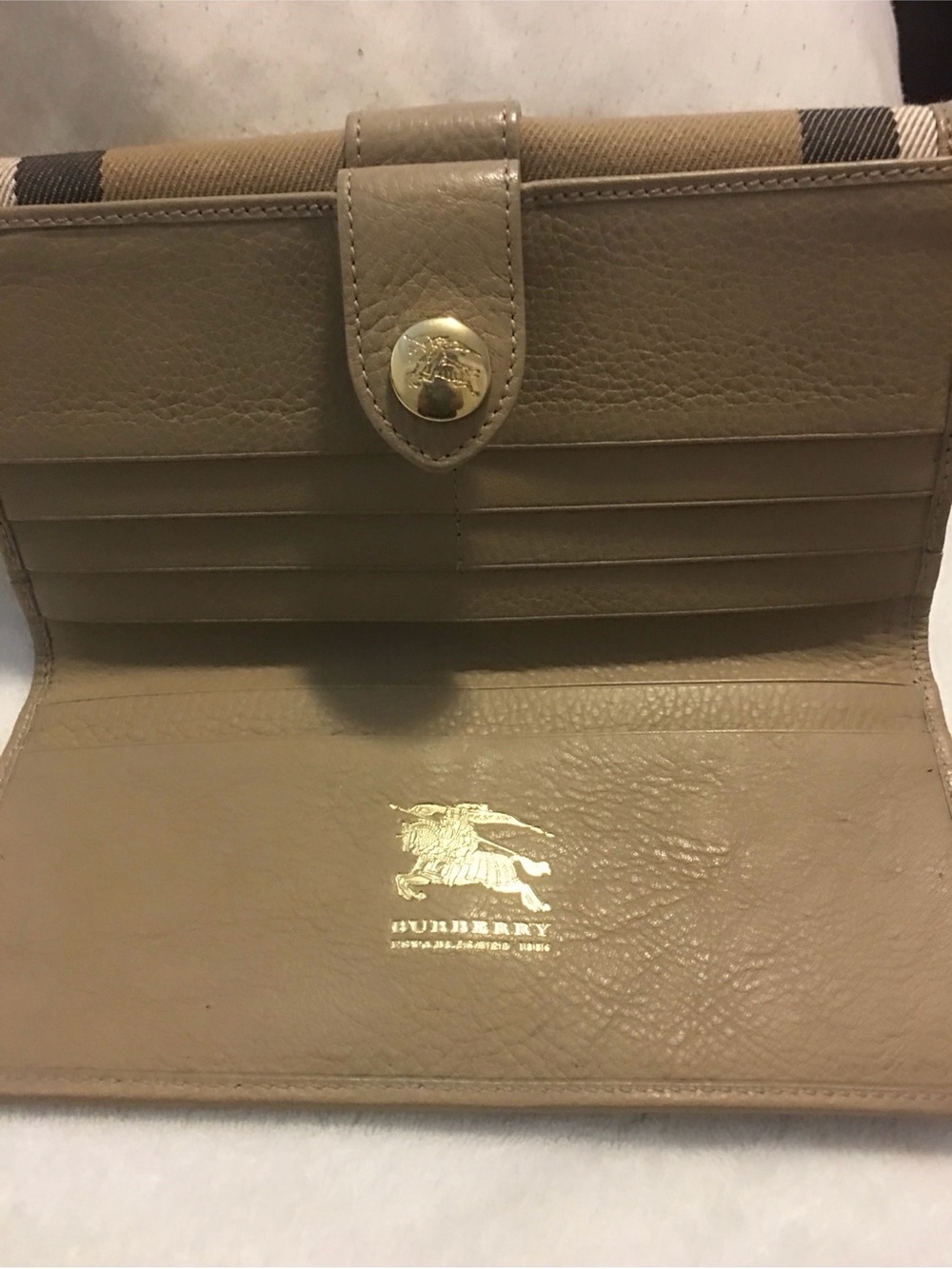 Burberry Tan Leather Continental Wallet with Plaid Accent